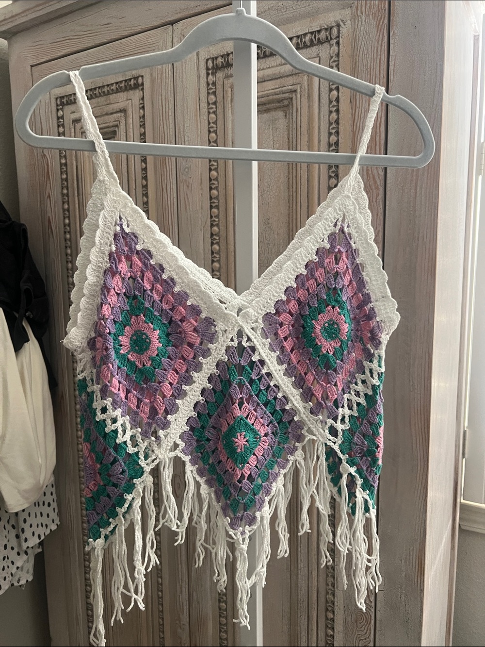 Boho Crochet Fringe Tank Top in White, Purple & Green